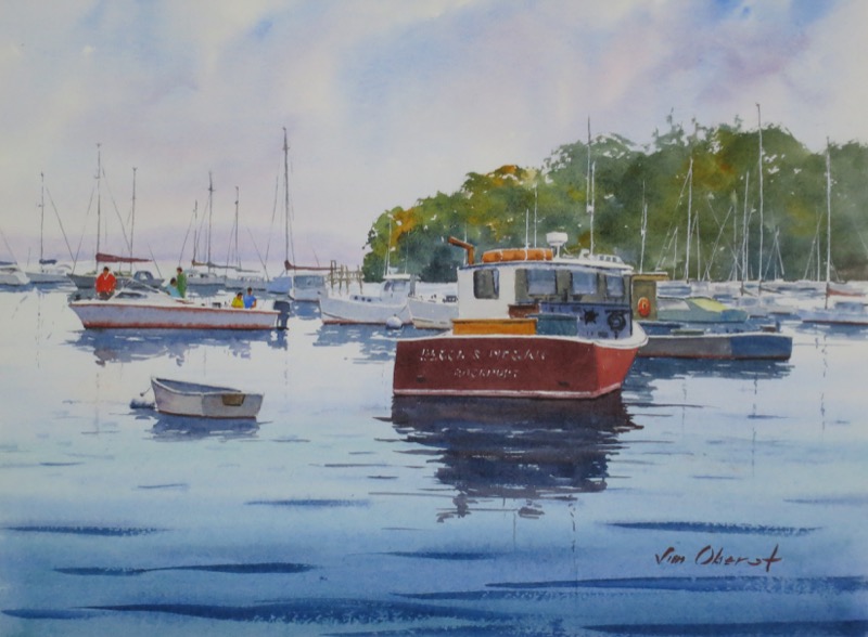 seascape, maine, rockport, harbor, boat, dinghy, sailboat, lobster boat, coast, original watercolor painting, oberst